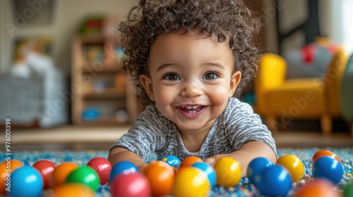 A Cheerful Baby Playing with Colorful Balls on a Rug