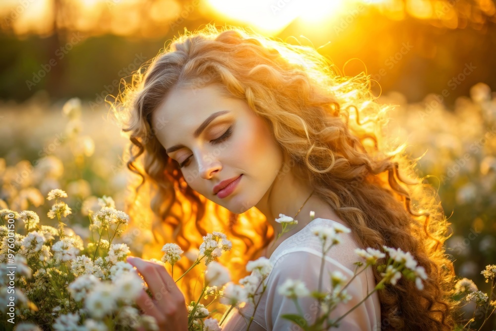 Tranquil Young Woman in Golden Sunset Among White Flowers – Peaceful Nature Moment Tranquil Young Woman in Golden Sunset Among White Flowers – Peaceful Nature Moment