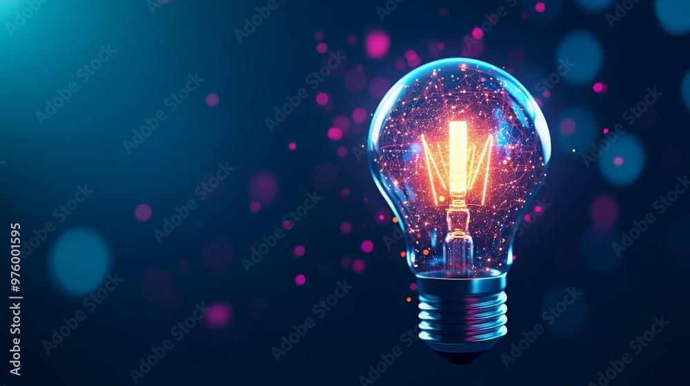 Illuminated light bulb glowing with vibrant colors on a dark background, symbolizing innovation and creativity in technology and ideas. Illuminated light bulb glowing with vibrant colors on a dark background, symbolizing innovation and creativity in technology and ideas.