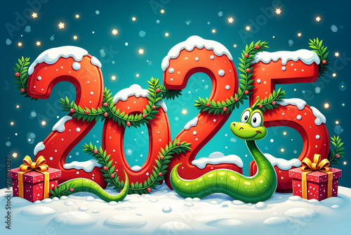 Large, stylized number 2025 with the snake and gift boxes, all set against a festive Christmas background. photo