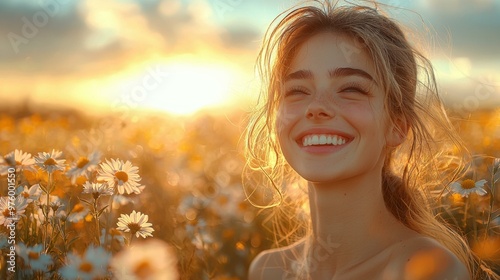 A Woman Smiles Joyfully in a Field of Daisies at Sunset - Cheerful