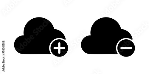 Cloud with plus mark and cloud with minus mark icon. Cloud data add, insert and cloud data remove, deleted concept solid black icon vector