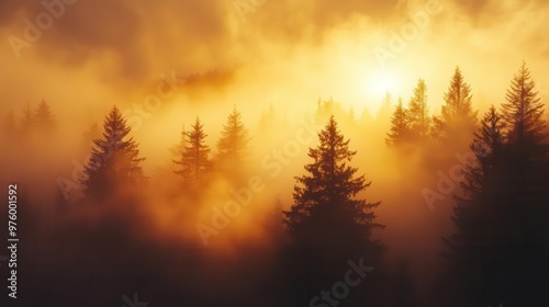 ethereal fog envelops golden sunset diffusing light into soft warm hues silhouetted trees emerge from misty landscape creating dreamlike atmosphere with mystical ambiance