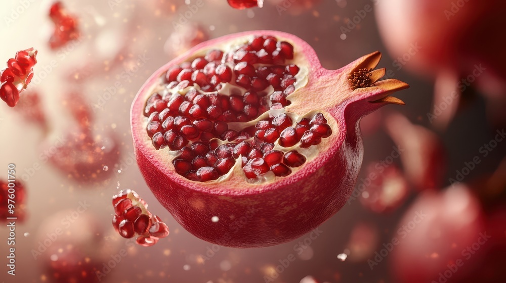 Close-up of a floating pomegranate with cut pieces revealing glowing seeds suspended mid-air, digital art, rich red tones, high-detail. Close-up of a floating pomegranate with cut pieces revealing glowing seeds suspended mid-air, digital art, rich red tones, high-detail.