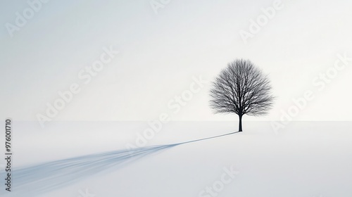 A solitary tree silhouette standing tall against a white background, casting a long, minimalist shadow tree silhouette, shadow, minimalist