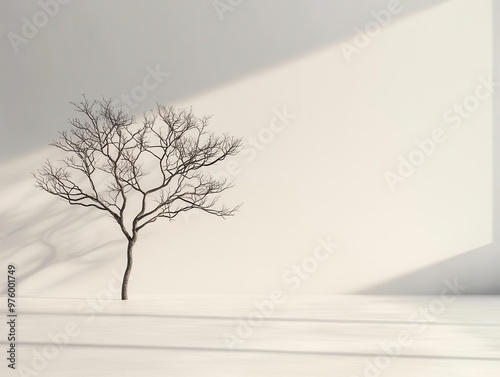 A lone tree silhouette with angular branches, casting a sharp shadow on a simple, white background tree silhouette, shadow, minimalist