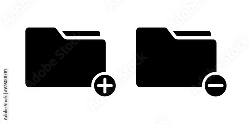 Add folder and delete folder icon vector. Folder create new, add icon and folder delete, remove, cancel icon concept solid black icon