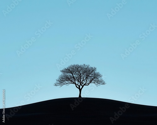 A minimalist tree silhouette on a hilltop, with its shadow stretching across a flat horizon tree silhouette, shadow, minimalist landscape