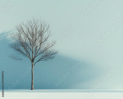 A lone tree in silhouette, its shadow casting soft, abstract shapes on the ground in a minimalist style tree silhouette, shadow, minimalist