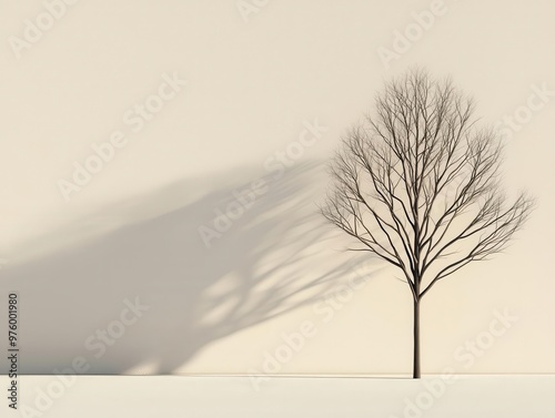 A simple, stylized tree with bold lines, casting a sharp shadow on a smooth, flat surface stylized tree, shadow, minimalist design
