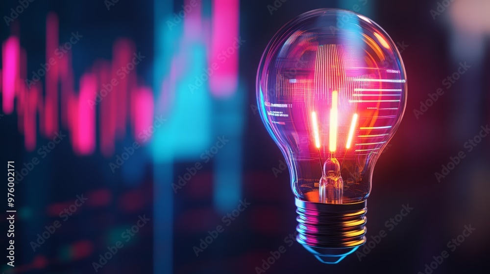 Glowing light bulb with vibrant neon lights and blurred technology background, symbolizing innovation and creativity. Glowing light bulb with vibrant neon lights and blurred technology background, symbolizing innovation and creativity.