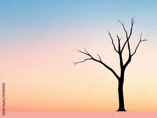 A tree silhouette at dusk, with a long, soft shadow extending into the distance on a flat plain tree silhouette, shadow, minimalist