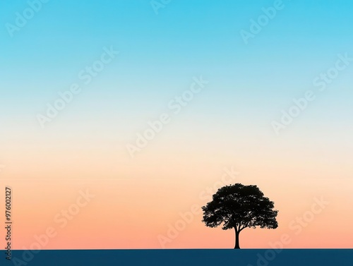 A tree silhouette at dusk, with a long, soft shadow extending into the distance on a flat plain tree silhouette, shadow, minimalist