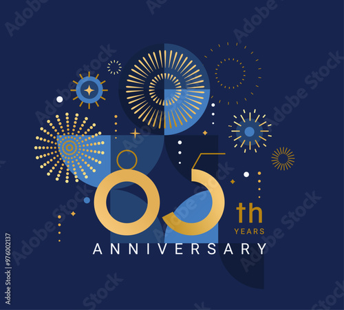 Anniversary 85, celebrating eighty five years,85th anniversary.Elegant card for event with abstract golden fireworks and golden numbers on blue background with geometric pattern.Vector illustration