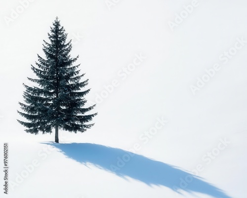 A lone pine tree silhouette with a sharp, defined shadow on snow-covered ground, in a minimalist style pine tree, shadow, minimalist winter