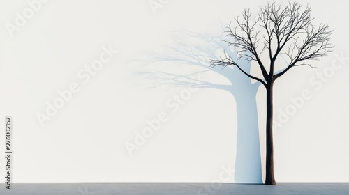 A tall tree with no leaves, its shadow stretching across a concrete surface in minimalist style tree silhouette, shadow, minimalist