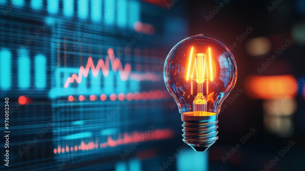 Glowing light bulb with digital screens in the background, symbolizing innovation, technology, and future energy solutions. Glowing light bulb with digital screens in the background, symbolizing innovation, technology, and future energy solutions.