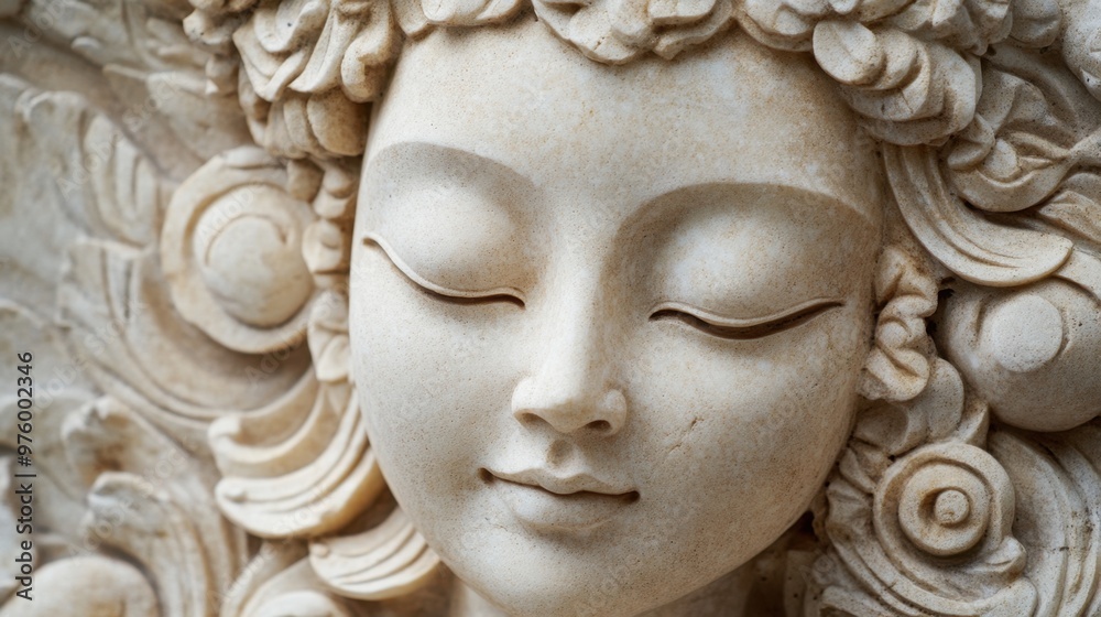 Close-up of a serene stone sculpture depicting inner peace and spiritual awakening, with intricate details and soft lighting. Close-up of a serene stone sculpture depicting inner peace and spiritual awakening, with intricate details and soft lighting.
