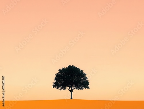 A tree silhouette at dusk, with a long, soft shadow extending into the distance on a flat plain tree silhouette, shadow, minimalist
