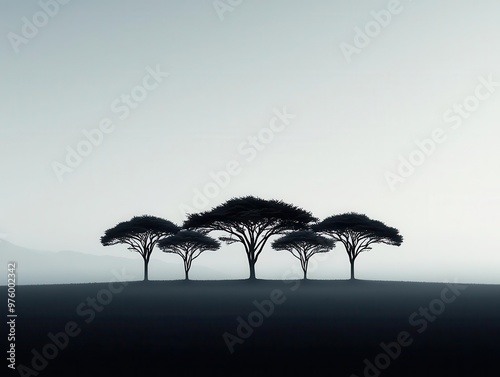 A cluster of trees in silhouette, their shadows merging in a minimalist design on a foggy morning tree silhouettes, shadow, minimalist