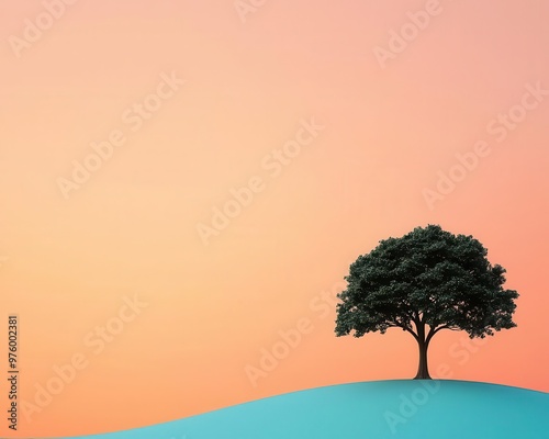 A tree silhouette at dusk, casting a long shadow across a smooth, flat plain in minimalist style tree silhouette, shadow, minimalist dusk