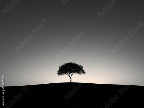 A minimalist tree silhouette in black and white, its shadow blending into the horizon at dusk tree silhouette, shadow, minimalist dusk