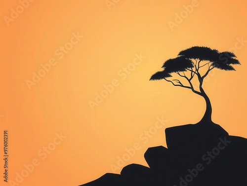 A tree with sparse leaves in silhouette, casting a long shadow on a rocky outcrop in a minimalist style tree silhouette, shadow, minimalist