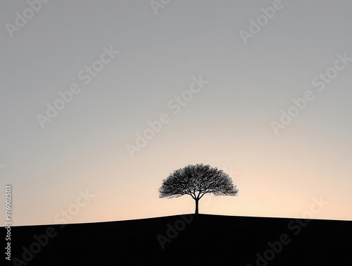 A minimalist tree silhouette in black and white, its shadow blending into the horizon at dusk tree silhouette, shadow, minimalist dusk