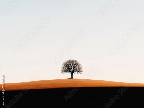 A single tree silhouette standing alone in a wide open field, casting a soft, minimalist shadow tree silhouette, shadow, minimalist