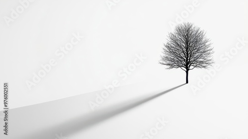 A solitary tree silhouette standing tall against a white background, casting a long, minimalist shadow tree silhouette, shadow, minimalist