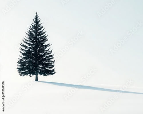 A lone pine tree silhouette with a sharp, defined shadow on snow-covered ground, in a minimalist style pine tree, shadow, minimalist winter