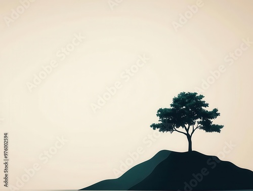 A tree with sparse leaves in silhouette, casting a long shadow on a rocky outcrop in a minimalist style tree silhouette, shadow, minimalist