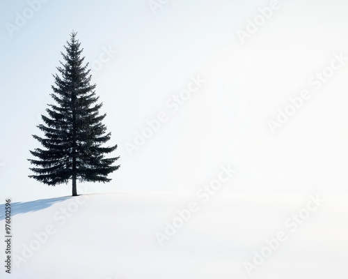 A lone pine tree silhouette with a sharp, defined shadow on snow-covered ground, in a minimalist style pine tree, shadow, minimalist winter
