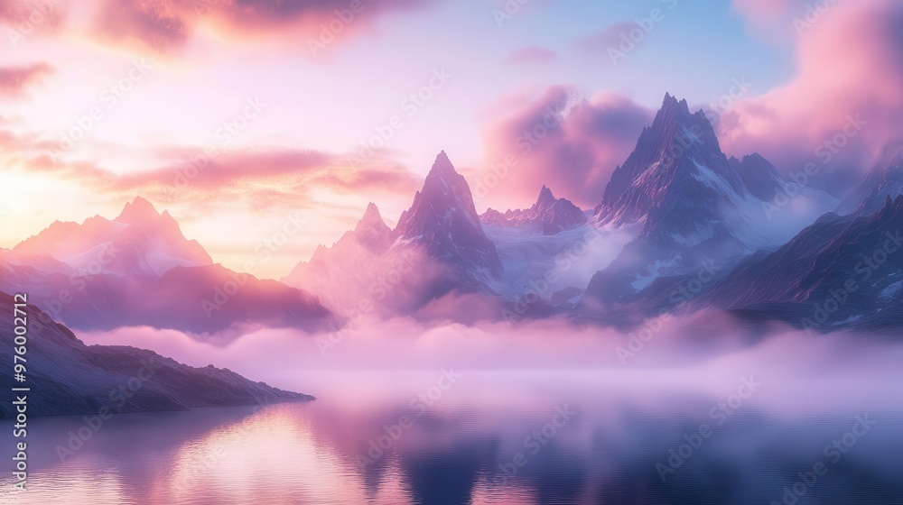 ethereal mountain range shrouded in misty clouds jagged peaks piercing a pastel sky at sunrise with a serene alpine lake reflecting the otherworldly scene below ethereal mountain range shrouded in misty clouds jagged peaks piercing a pastel sky at sunrise with a serene alpine lake reflecting the otherworldly scene below