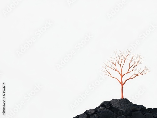 A tree with sparse leaves in silhouette, casting a long shadow on a rocky outcrop in a minimalist style tree silhouette, shadow, minimalist