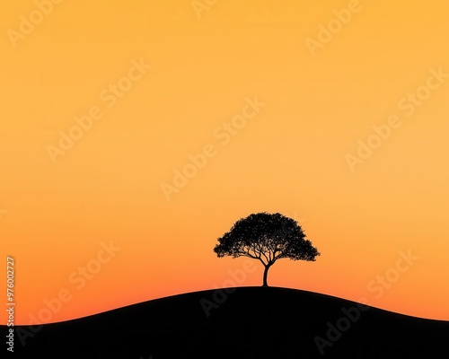 A lone tree silhouette against a sunset, its shadow stretching out across a minimalist landscape sunset tree, shadow, minimalist