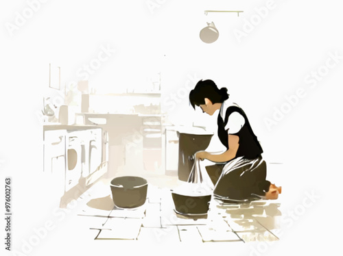 woman doing laundry watercolor vector