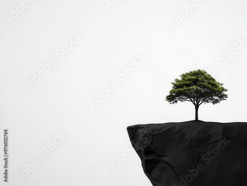 A lone tree in silhouette on a rocky outcrop, casting a sharp shadow on the ground below tree silhouette, shadow, minimalist rock