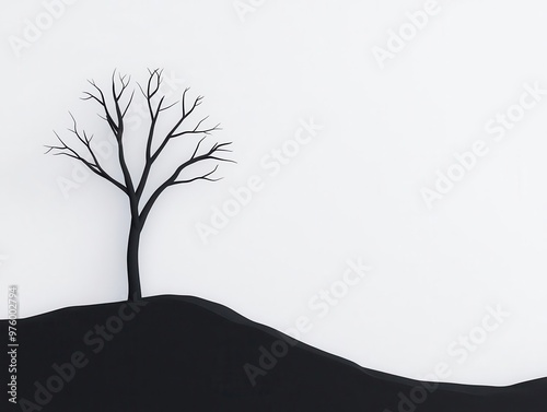 A lone tree in silhouette on a rocky outcrop, casting a sharp shadow on the ground below tree silhouette, shadow, minimalist rock
