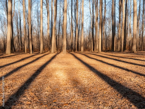 A forest of bare tree silhouettes, their shadows creating a simple yet elegant pattern on the ground forest, shadow, minimalist silhouette
