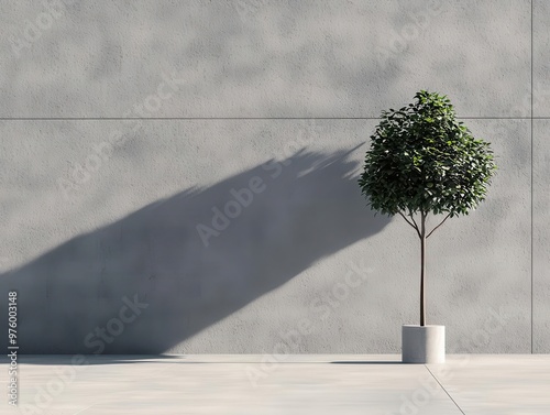 A simple, stylized tree silhouette, casting a bold, geometric shadow on an urban concrete surface tree silhouette, shadow, minimalist urban