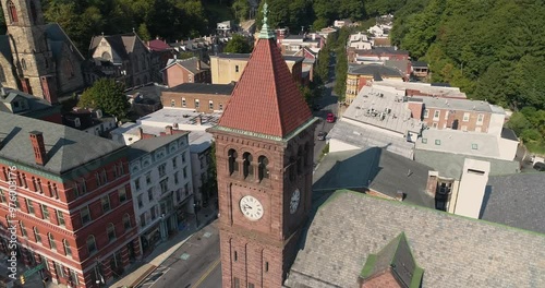 Drone Shot of Clock Tower in Pocono Mountains, Jim Thorpe Pennsylvania