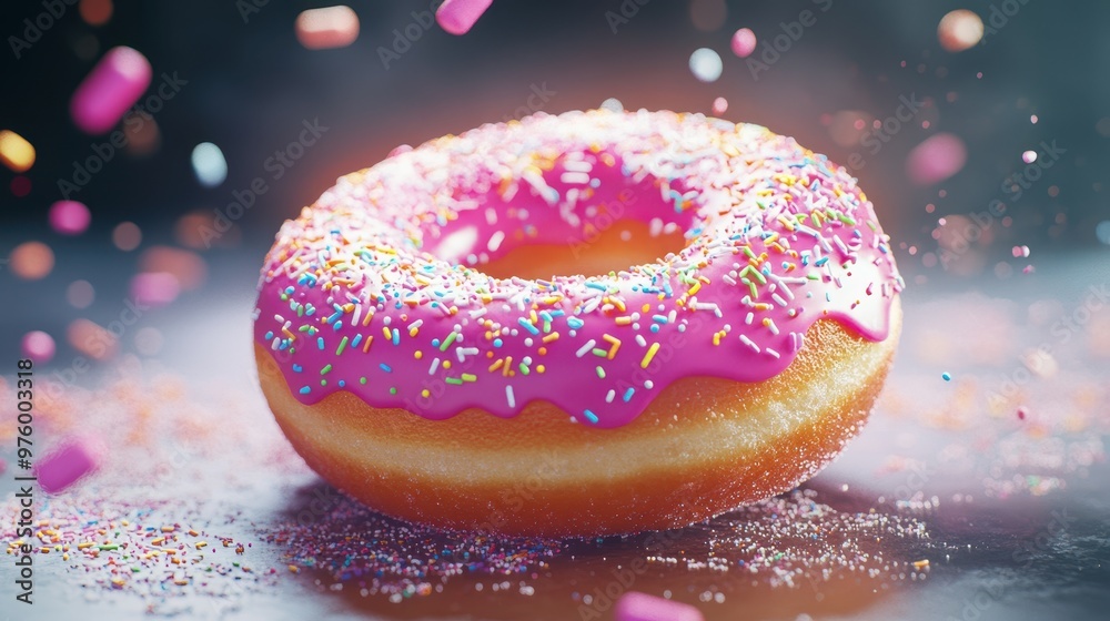 Hovering donut with vibrant pink frosting, glowing neon edges, sprinkles floating above, high-detail 3D render, soft lighting. Hovering donut with vibrant pink frosting, glowing neon edges, sprinkles floating above, high-detail 3D render, soft lighting.