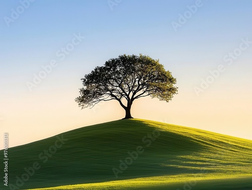 A minimalist oak tree silhouette, its branches casting long shadows on a grassy hill at sunset oak tree, shadow, minimalist