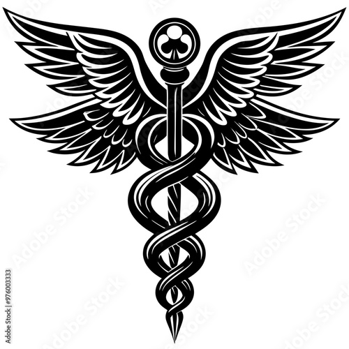 caduceus medical symbol.Emergency Services Star With Rod Of Aesculapius Illustration - VECTOR.Cadeus Medical medecine pharmacy doctor acient high detailed symbol. Vector hand drawn black linear tho sn
