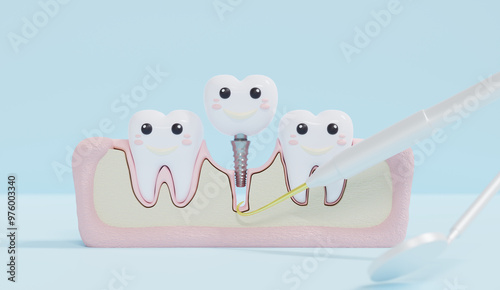 A cross-section of a jawbone with a dental implant being inserted. Cartoon teeth and dental tools are shown. 3d render.