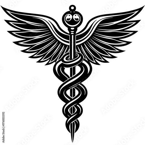 caduceus medical symbol.Emergency Services Star With Rod Of Aesculapius Illustration - VECTOR.Cadeus Medical medecine pharmacy doctor acient high detailed symbol. Vector hand drawn black linear tho sn