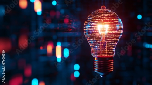 Futuristic digital light bulb with a red glow, representing innovation and technology in a dark background with blue and red lights.