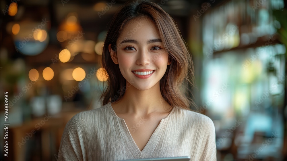 Happy young Asian saleswoman looking at camera welcoming client. Smiling woman executive manager, secretary offering professional business services holding digital tablet standing in office. Portrait Happy young Asian saleswoman looking at camera welcoming client. Smiling woman executive manager, secretary offering professional business services holding digital tablet standing in office. Portrait