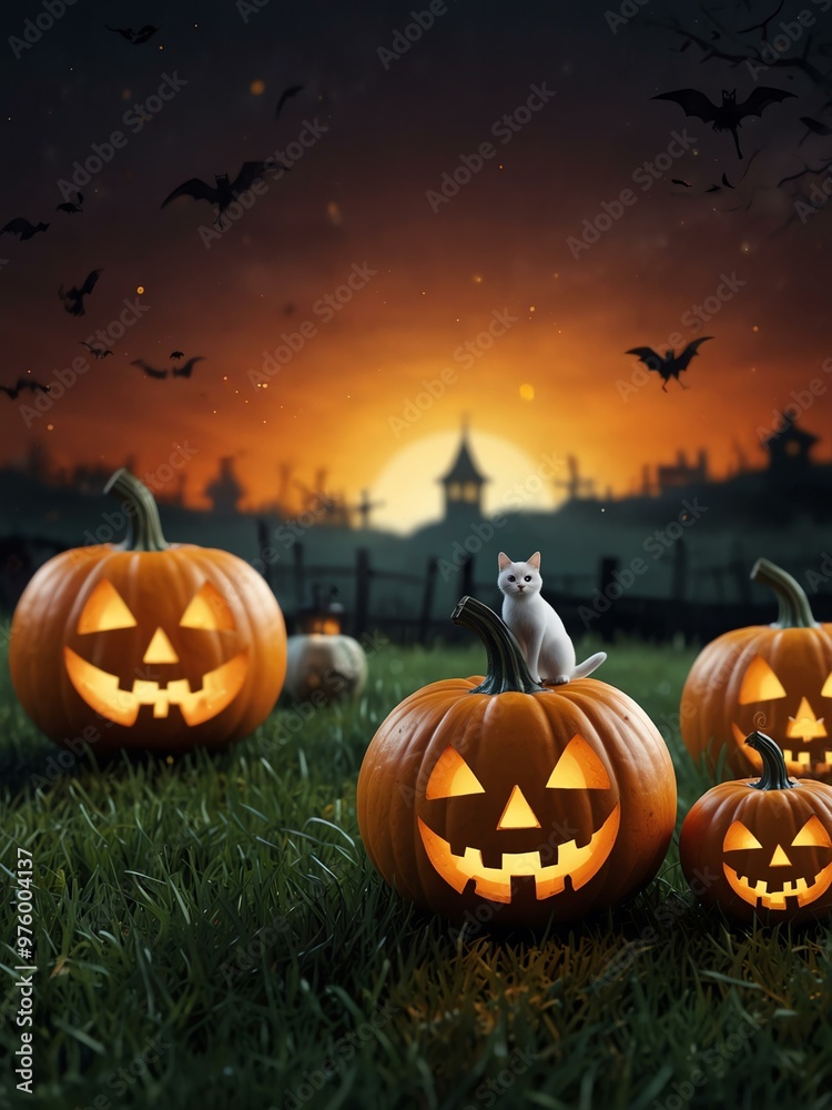 3D Halloween background with pumpkin, cat, spider, and ghost. 3D Halloween background with pumpkin, cat, spider, and ghost.